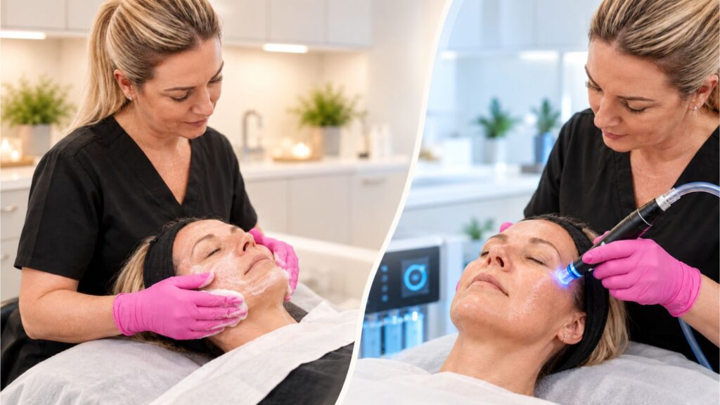 HydraFacial treatment vs classic facial showing a technology-led HydraFacial treatment alongside a hands-on traditional facial treatment.